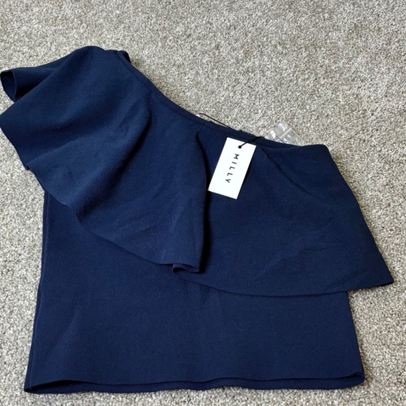 NWT‎ Milly One Shoulder Top Ruffle Blue Sleeveless Party Cocktail Blouse Size P - Picture 1 of 5